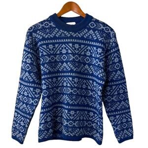 Vintage Fritz Litzlfelder Sweater Men Large Blue Fair Isle Pure Wool Grandpacore